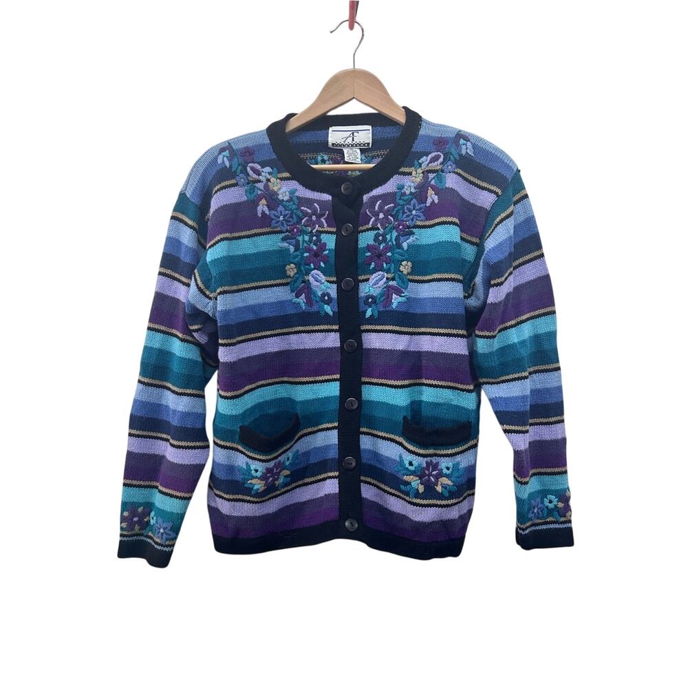 Accordeon Vintage Striped Floral Embroidered Grandma Sweater Cardigan Size L